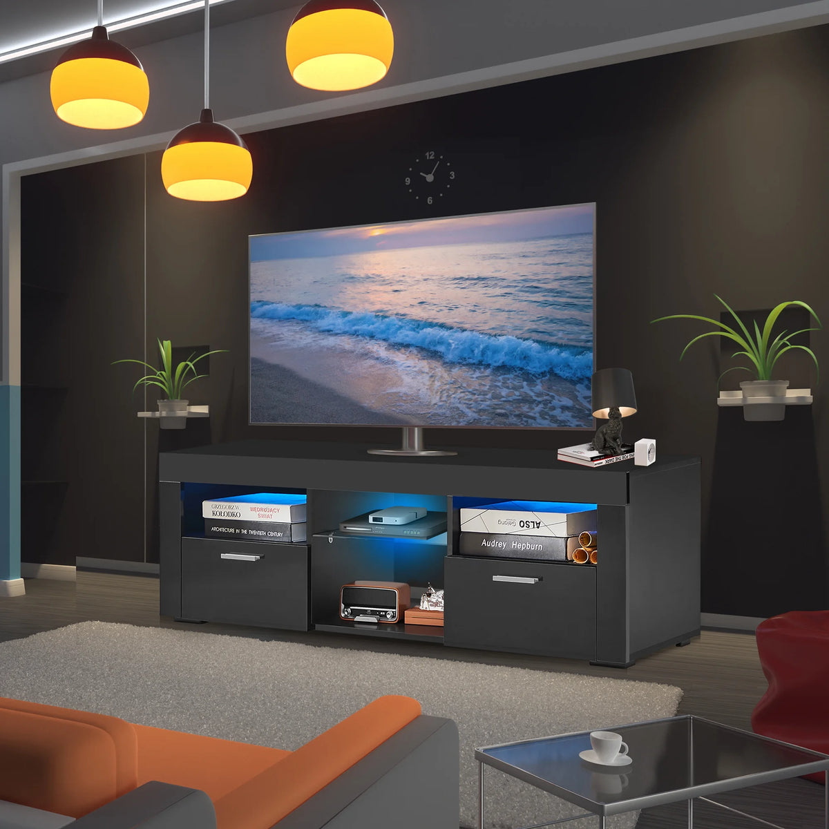 Black High Glossy TV Stand with LED Lights and Storage Shelves J88039