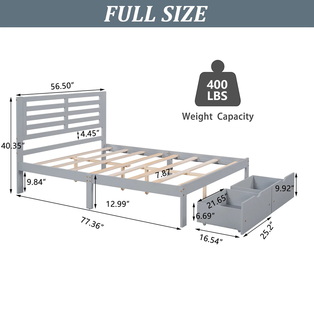 Gray Pine Wood Full Size Platform Bed Frame with Headboard and Drawers G955129