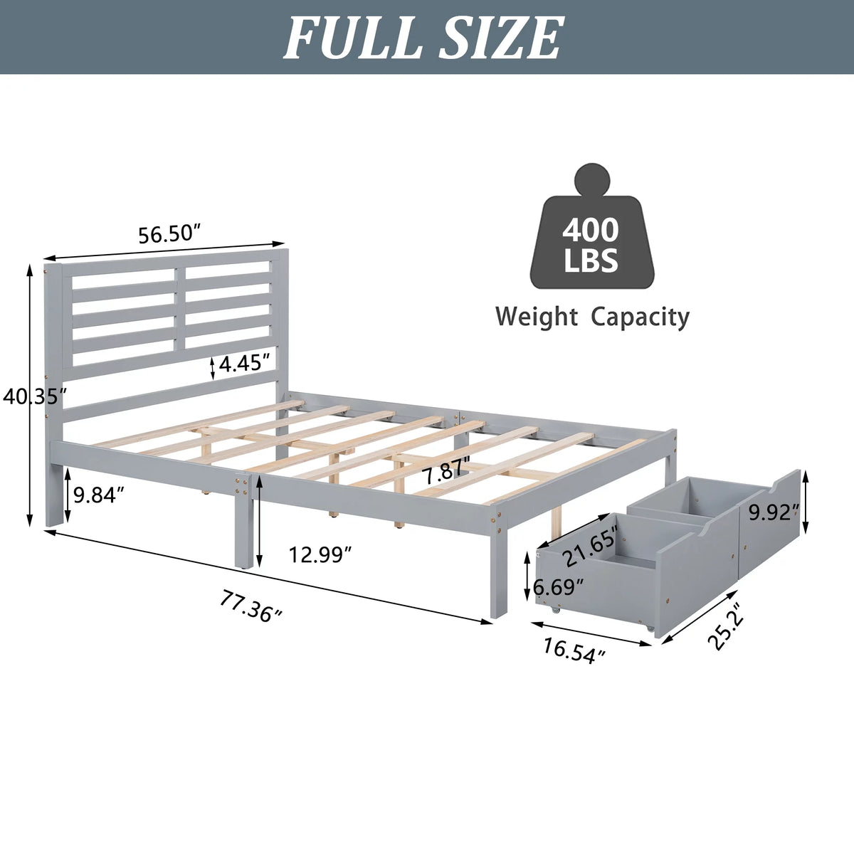 Gray Pine Wood Full Size Platform Bed Frame with Headboard and Drawers G955129