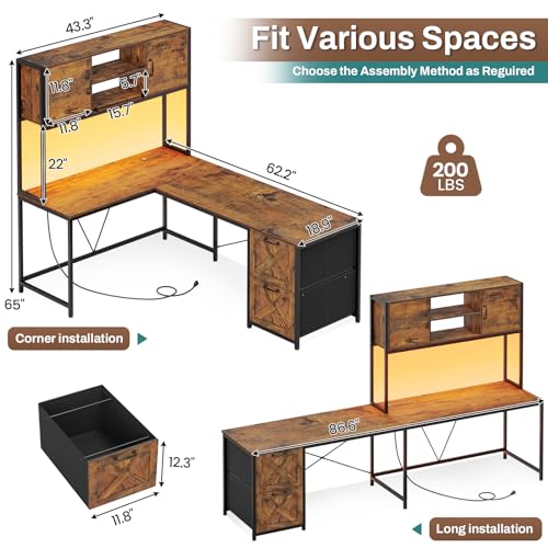 Black L Shaped Computer Desk with Fabric Drawers and Power Outlet Y38168