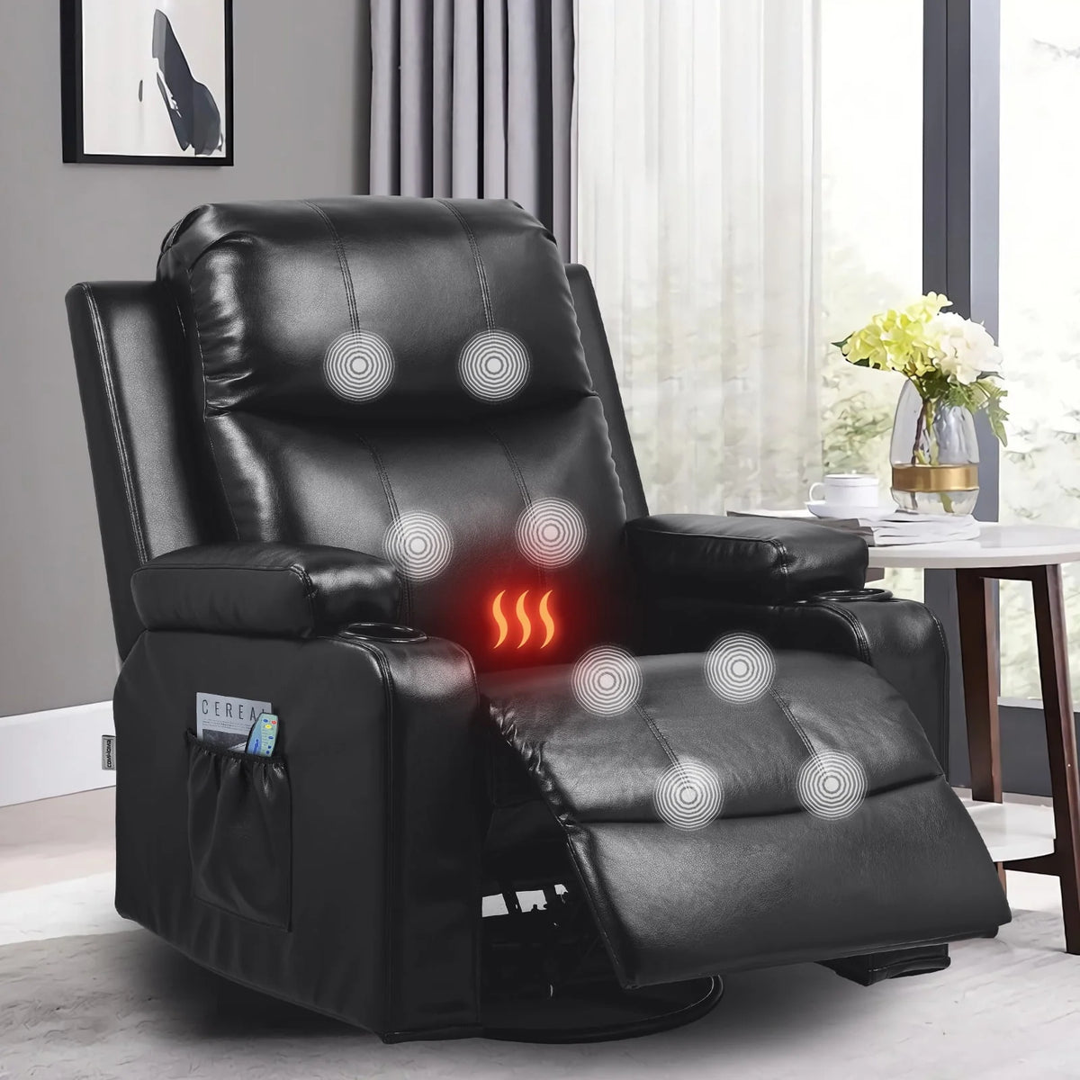 Black PU Leather Swivel Rocker Recliner Chair with Heat and Massage F281076