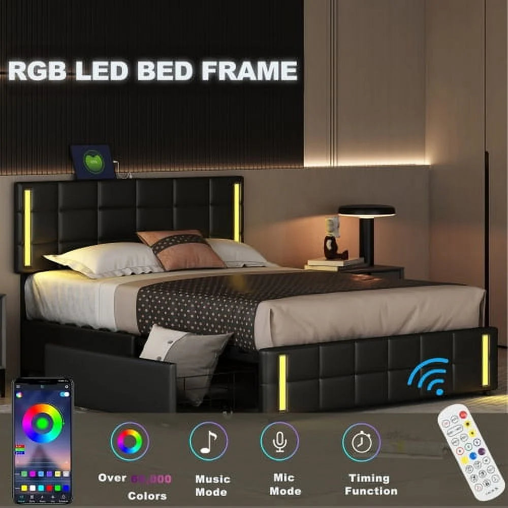 Queen Size Upholstered Platform Bed with LED Lights and USB Charging B769