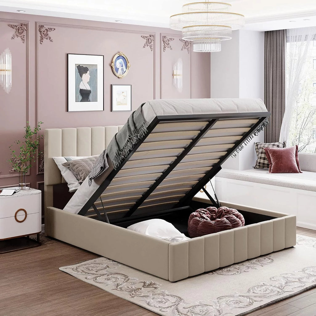 Beige Queen Upholstered Platform Bed with Storage and Headboard E996
