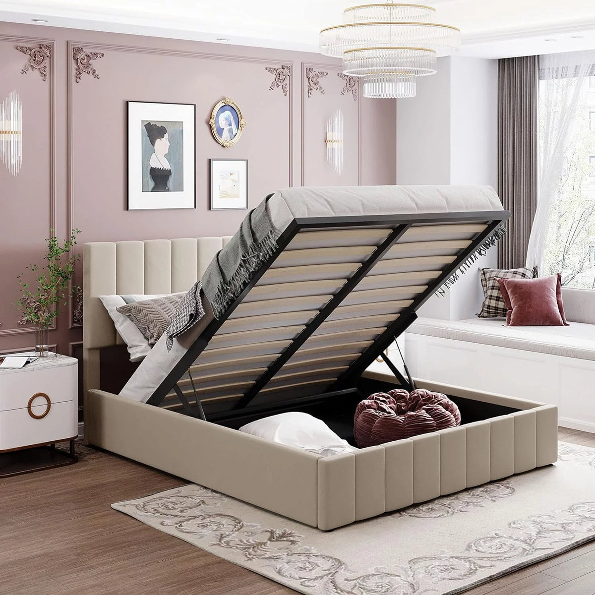 Beige Queen Upholstered Platform Bed with Storage and Headboard E996