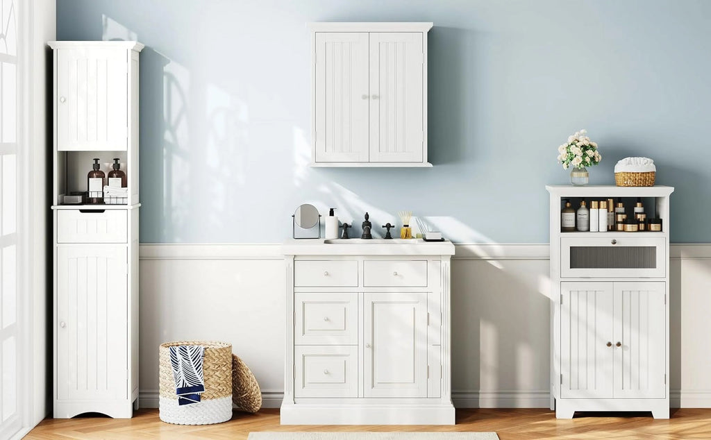 67" Tall White Bathroom Storage Cabinet with Adjustable Shelves V777