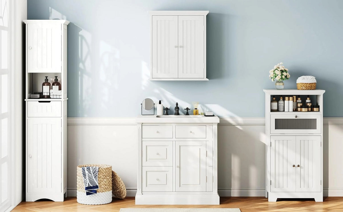 67" Tall White Bathroom Storage Cabinet with Adjustable Shelves V777