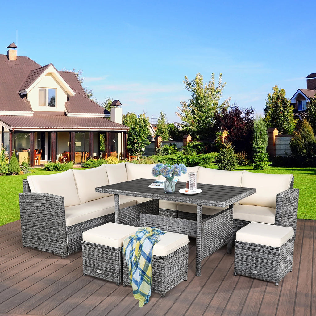 7 Pcs Patio Rattan Dining Set Sectional Sofa Couch Ottoman Black R835553