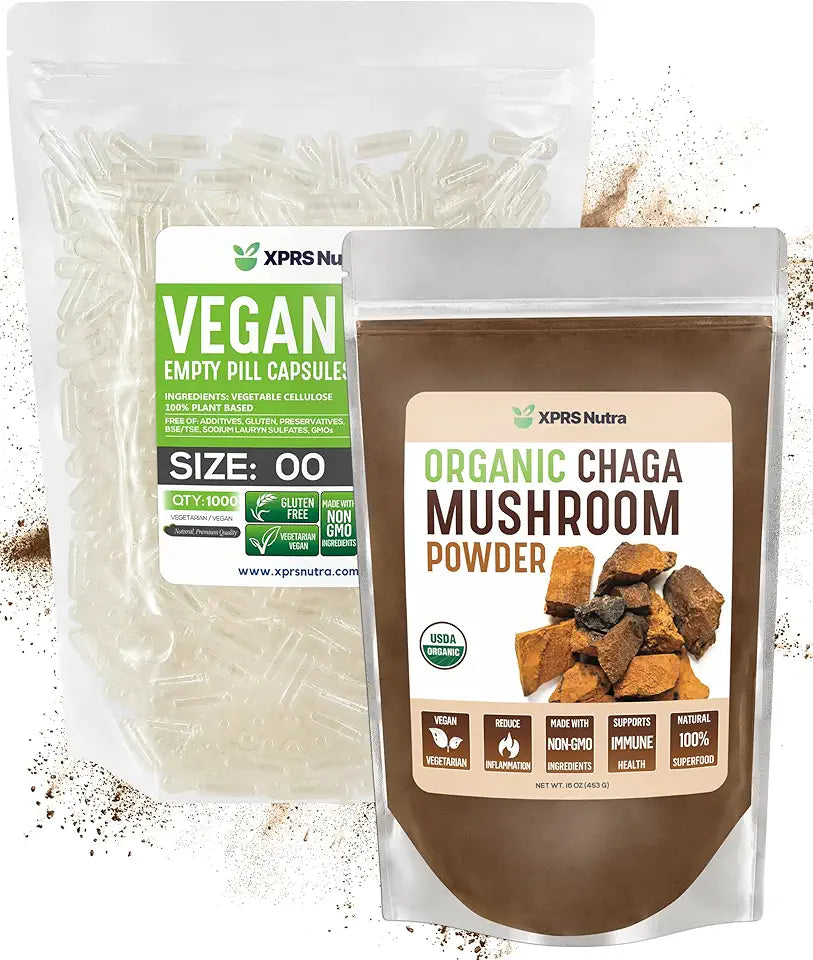 Organic Chaga Powder 16 Ounce with 1000 Count Size 00 Empty Capsules X636476