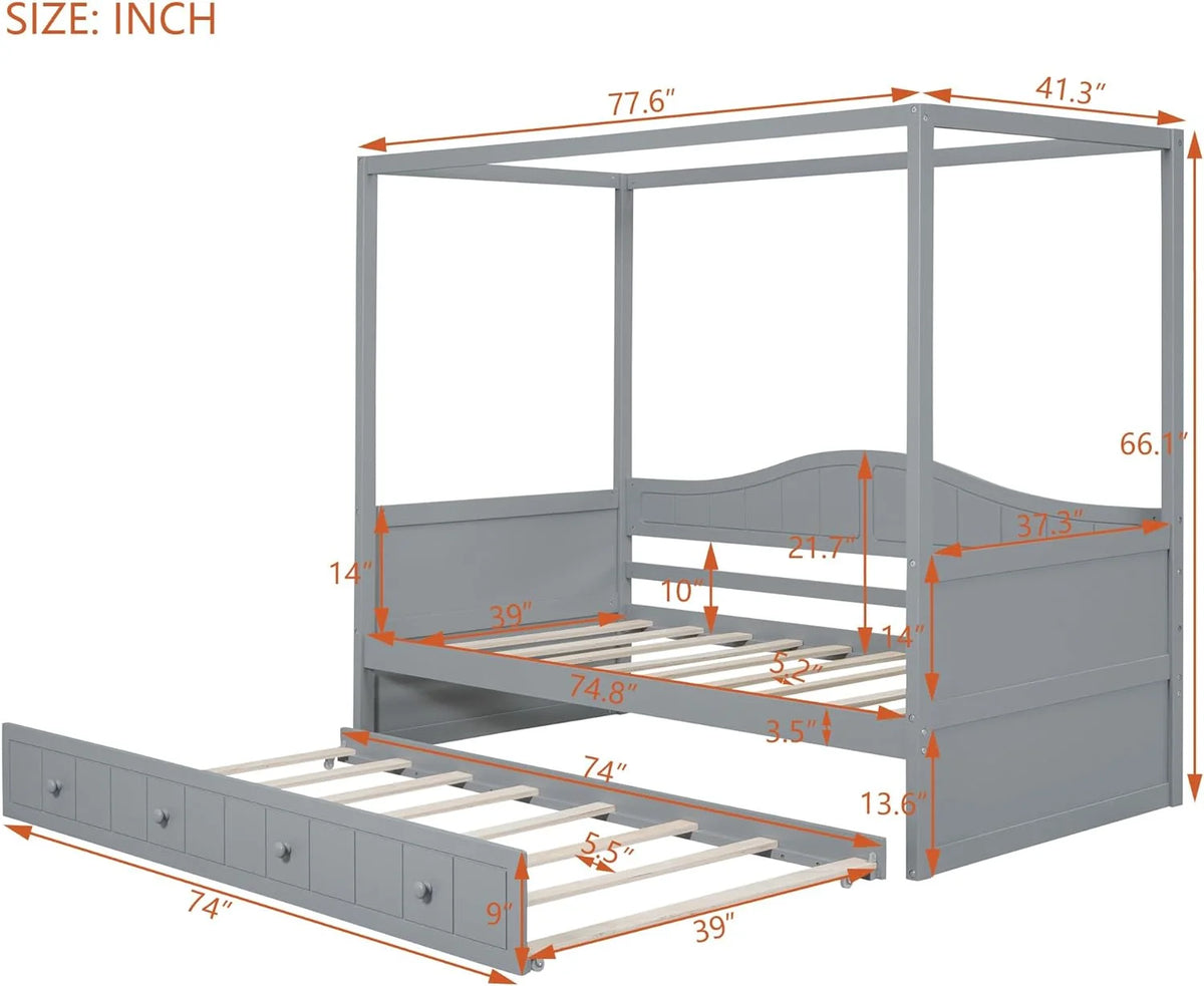 Gray Wooden Canopy Bed with Trundle S475