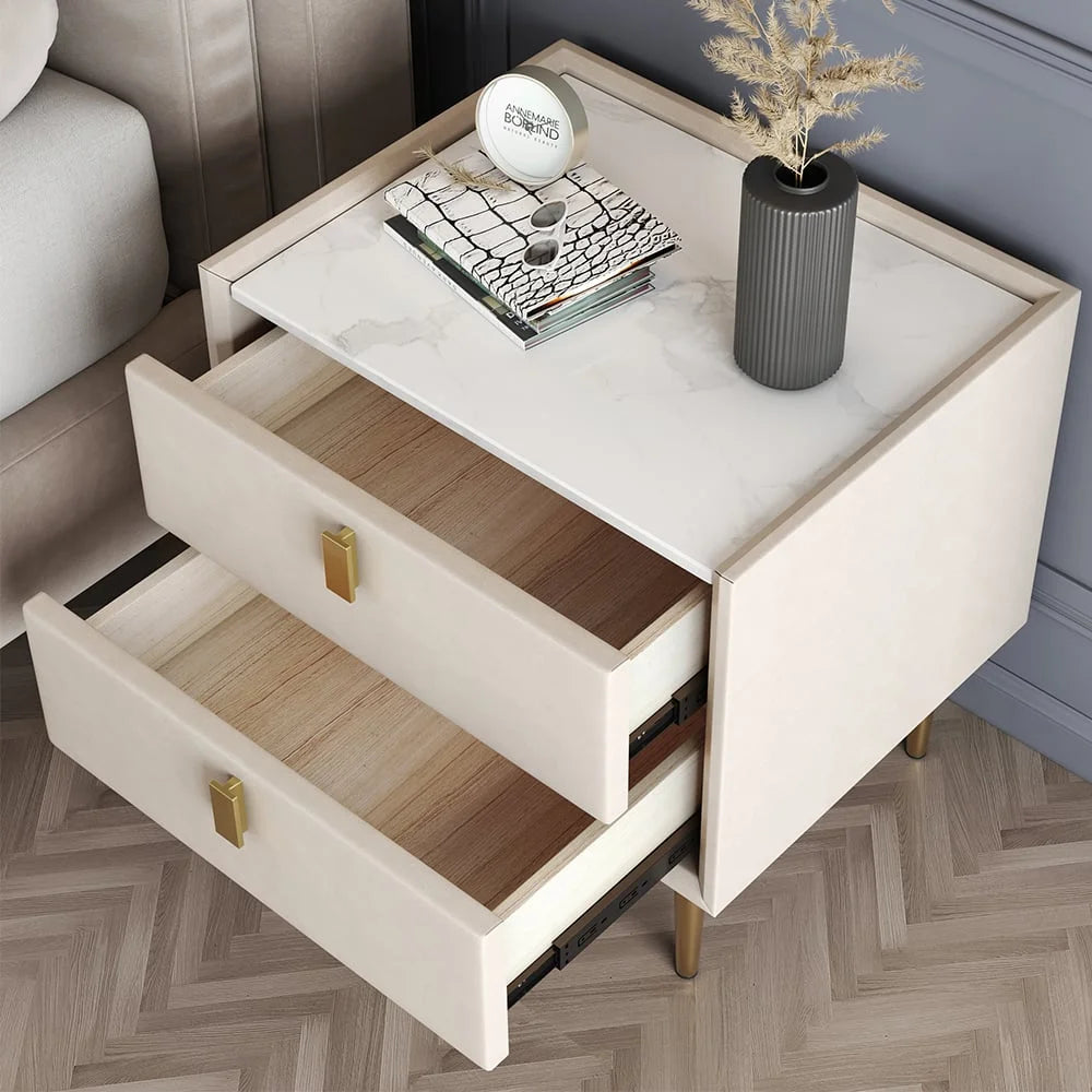 Modern 2 Drawers PU Leather Nightstand with Gold Metal Legs Q499300