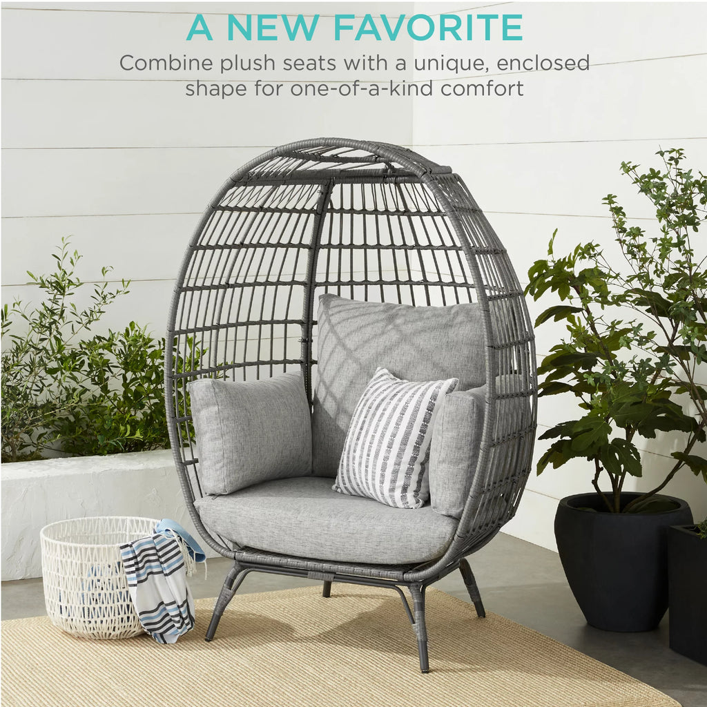 Oversized Black Wicker Egg Chair with Steel Frame K599552