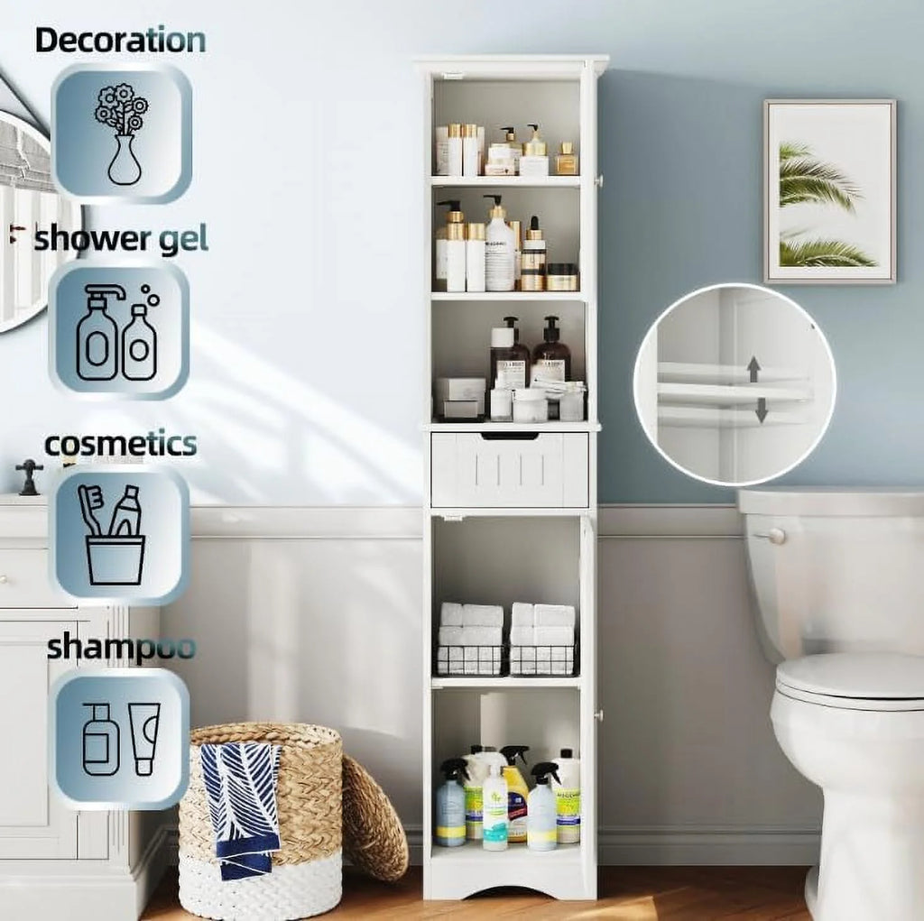 67" Tall White Bathroom Storage Cabinet with Adjustable Shelves V777