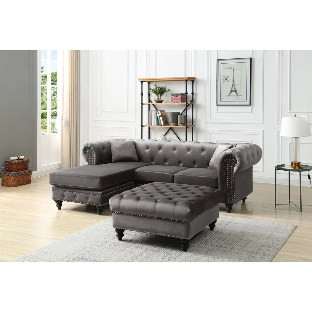 Dark Gray Velvet L-Shape 3-Seater Sofa with 2-Throw Pillow R74368