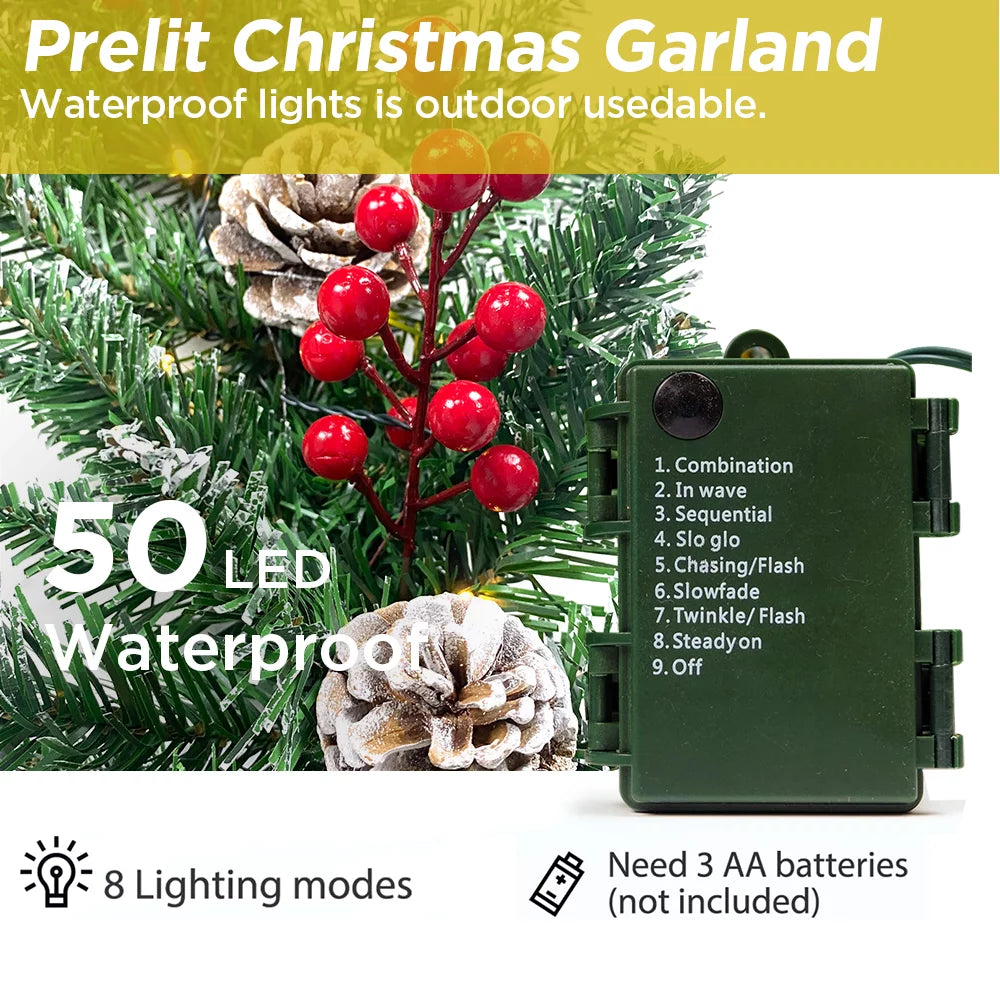 9ft Pre-Lit Christmas Garland with 50 LED Light and Pine Cones and Berries R740727