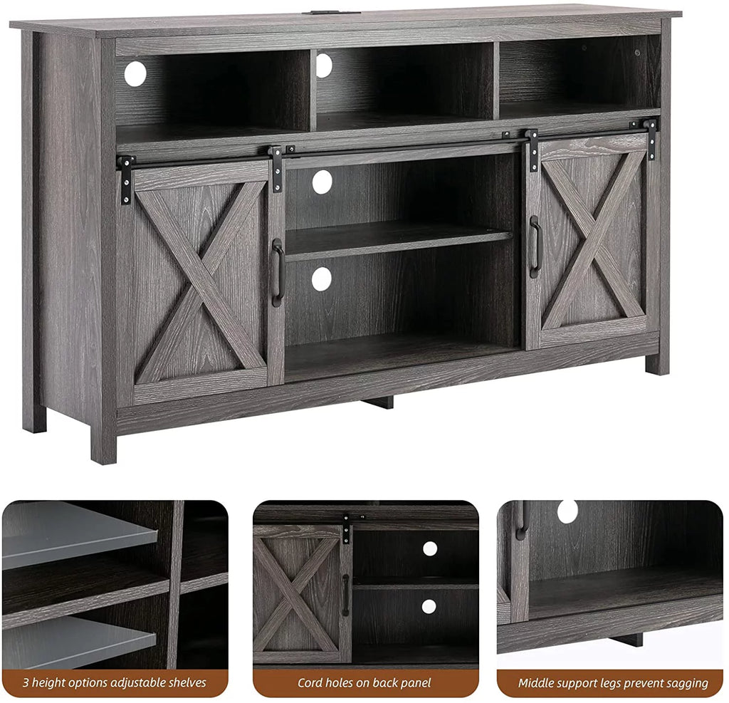 Farmhouse Barn Door TV Cabinet Media Console with Open Shelves White O9157