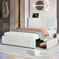 Queen Size Upholstered Platform Bed with LED Lights and USB Charging, 4 Drawers, White T307