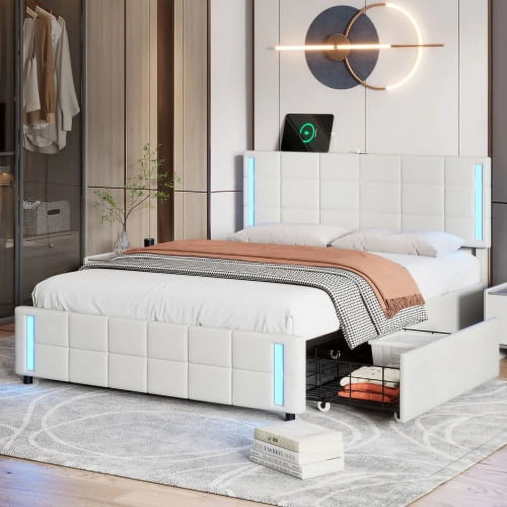 Queen Size Upholstered Platform Bed with LED Lights and USB Charging, 4 Drawers, White T307