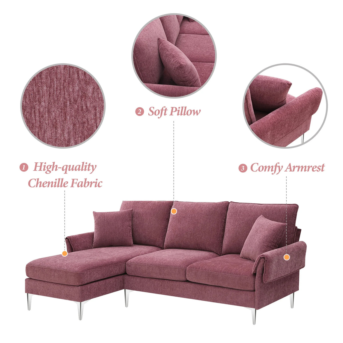 Dark Pink L-Shaped Convertible Sectional Sofa with Reversible Chaise Lounge A613601