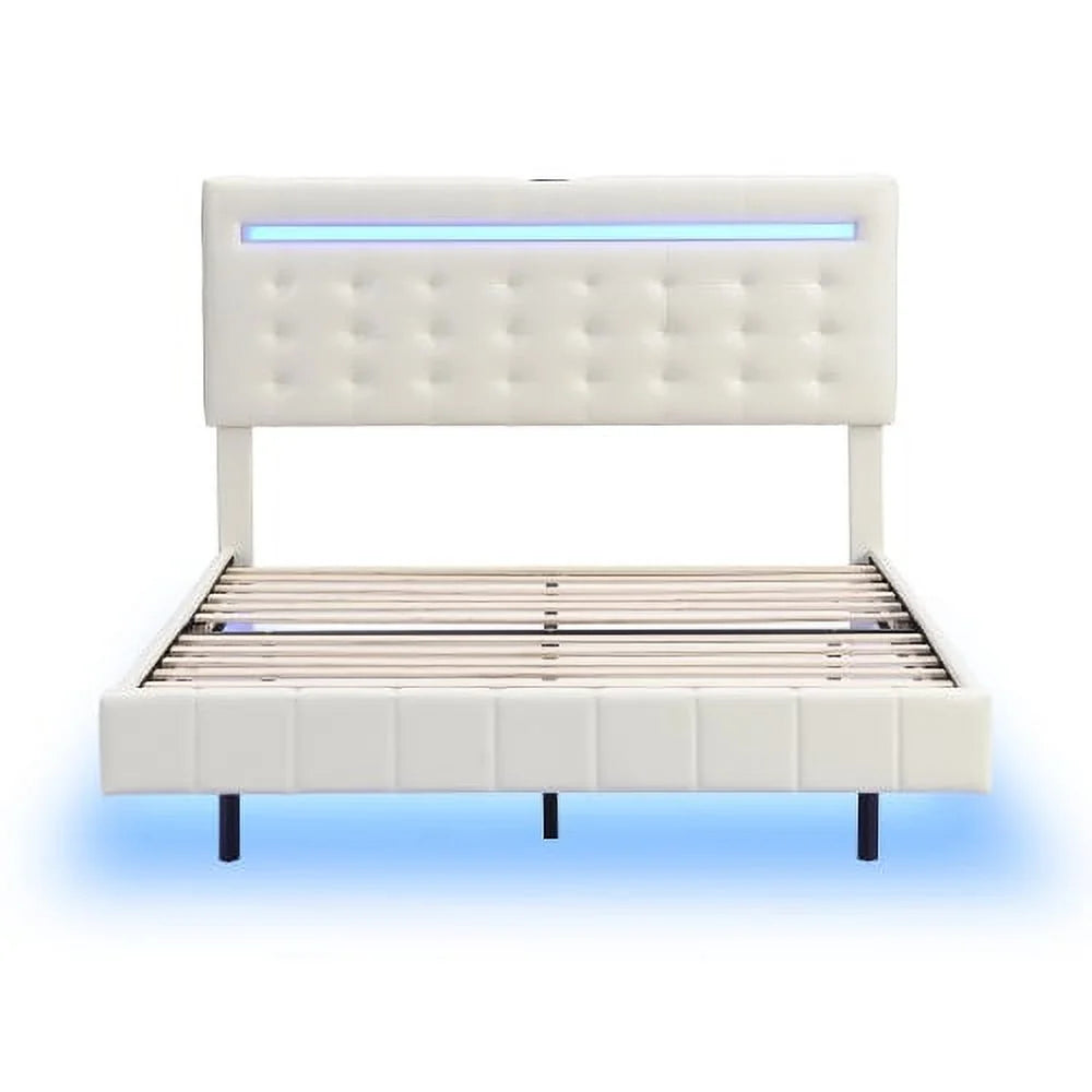 Full Size Black Upholstered Platform Bed Frame with LED Lights G451