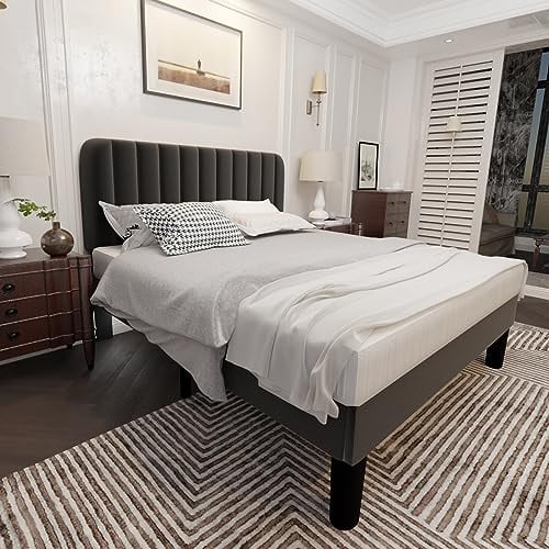 Queen Size Platform Bed Frame with Headboard Grey O900404