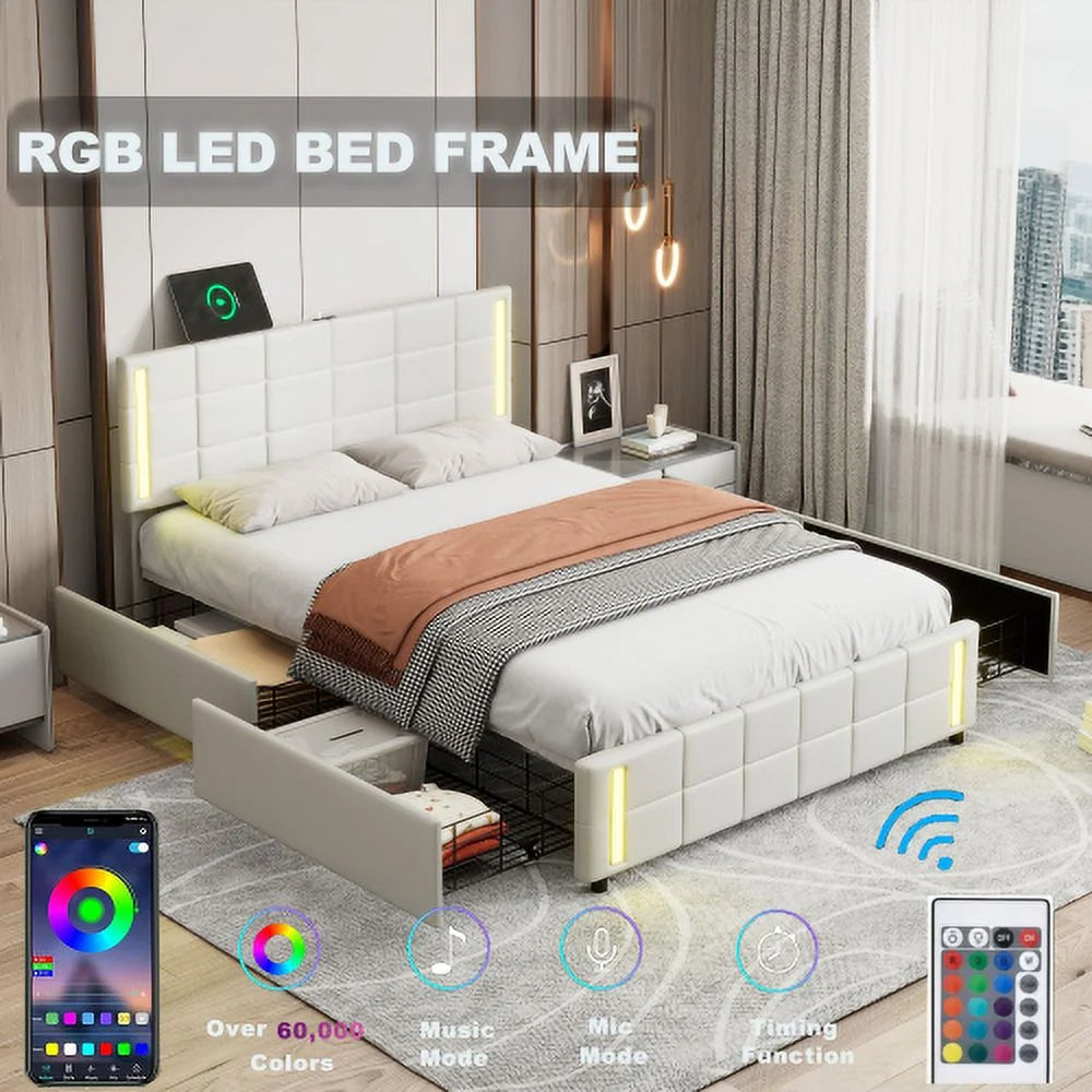 Queen Size Upholstered Platform Bed with LED Lights and USB Charging, 4 Drawers, White T307