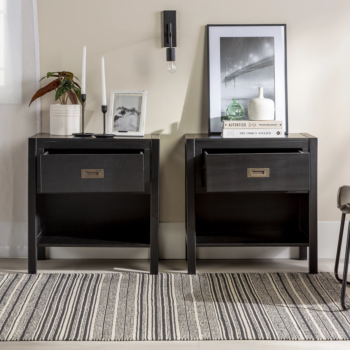 Set of 2 Black One Drawer Storage Nightstand U4509