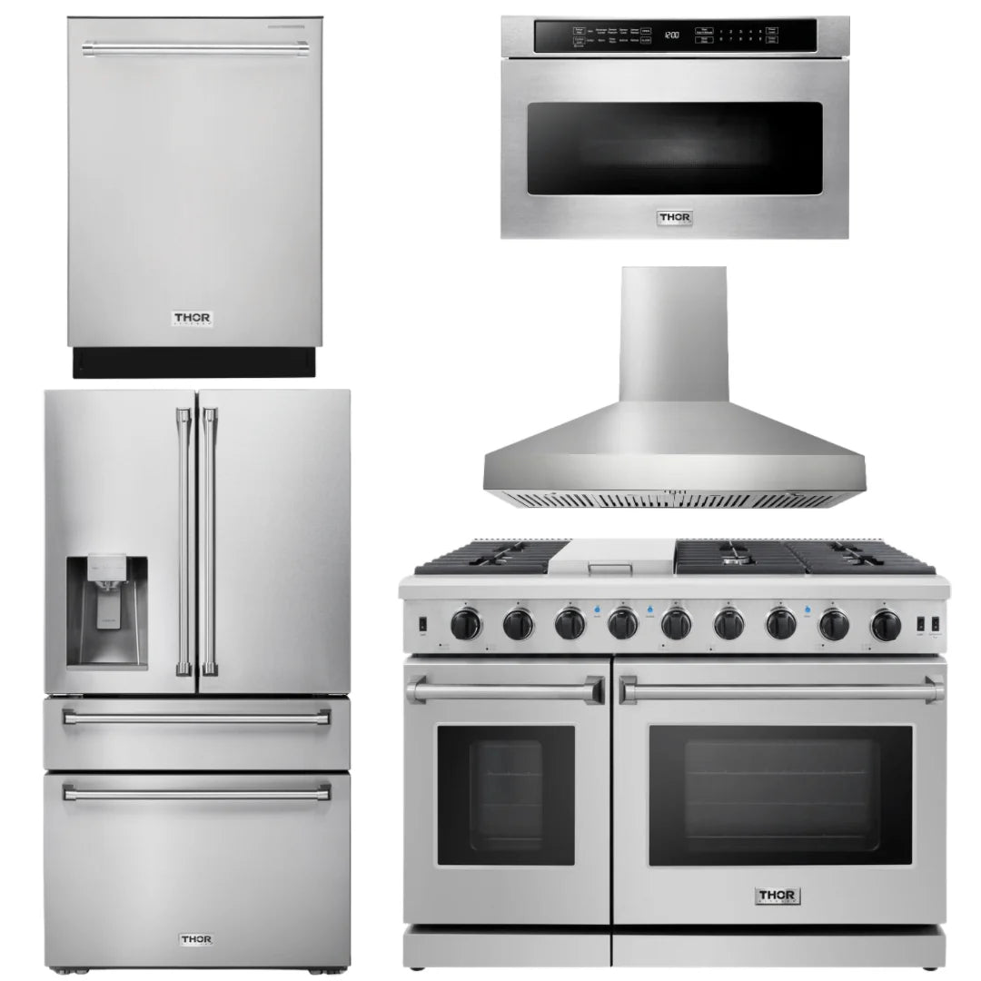 48 Propane Gas Range, Range Hood, Dishwasher, Refrigerator with Water and Ice Dispenser, Microwave L700