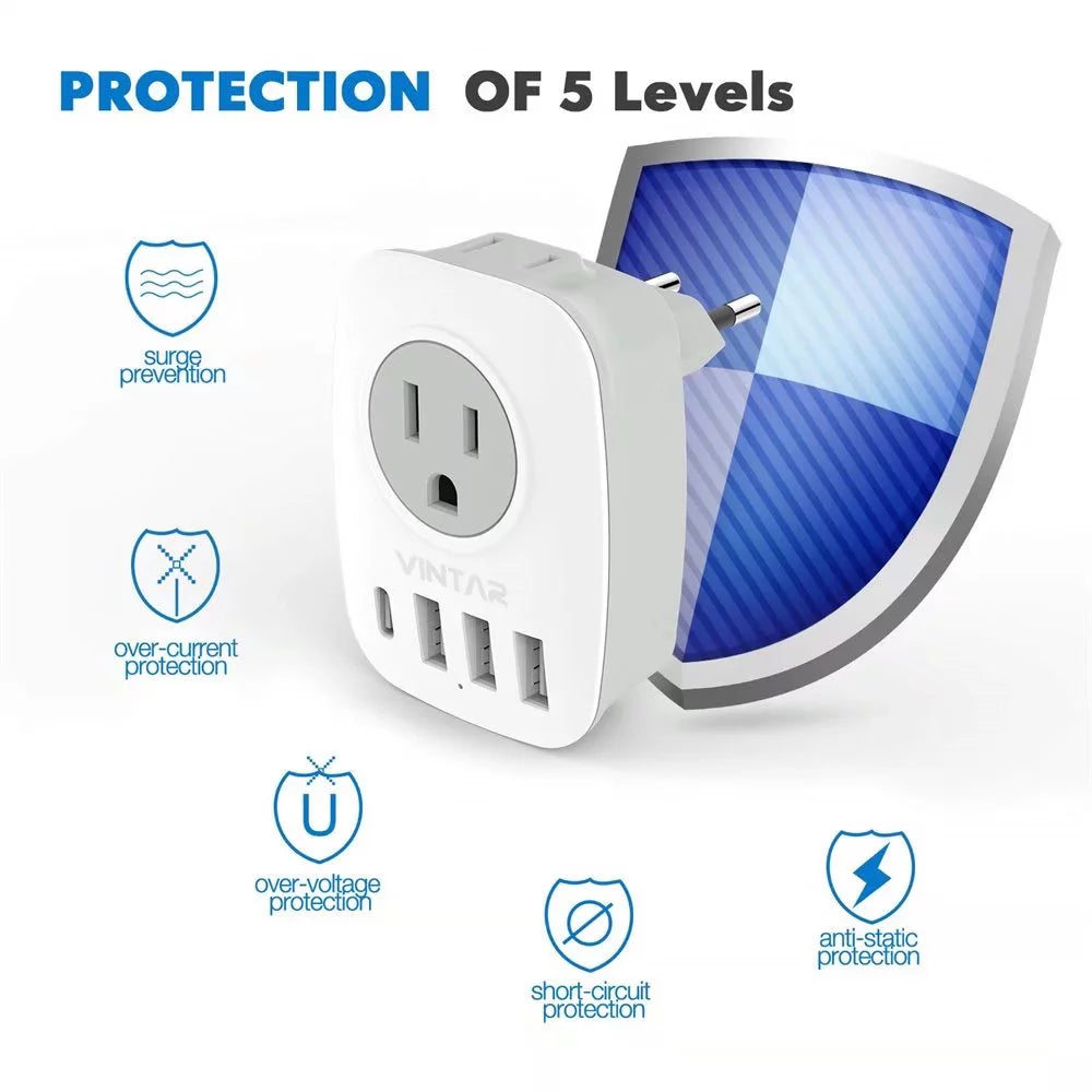 European Travel Plug Adapter with 1 USB C, 2 Outlets and 3 USB Ports, 2 Pack O33573
