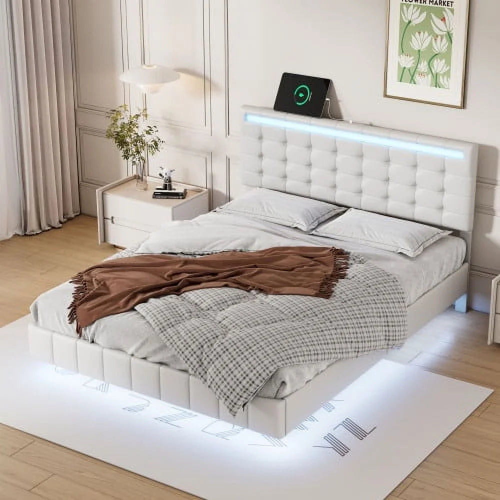 Full Size Black Upholstered Platform Bed Frame with LED Lights G451