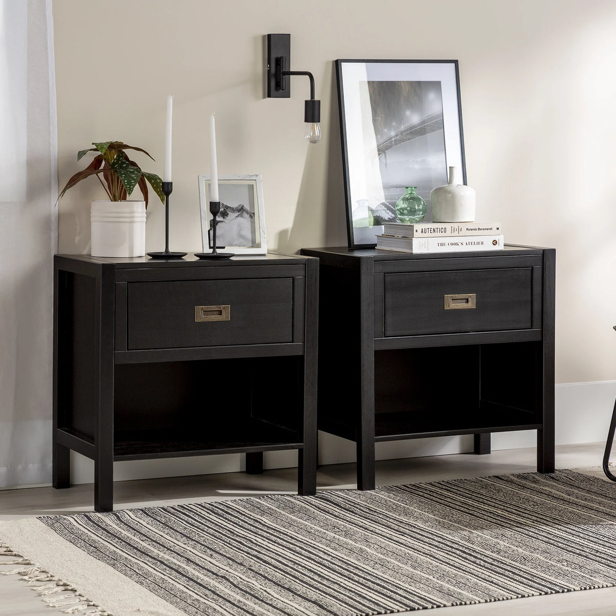 Set of 2 Black One Drawer Storage Nightstand U4509