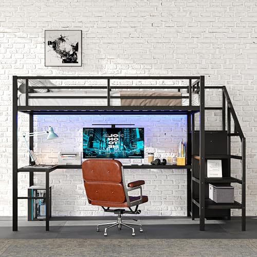 Black Full Loft Bed with L-shaped Desk, USB, Wardrobe & Stairs Z8500