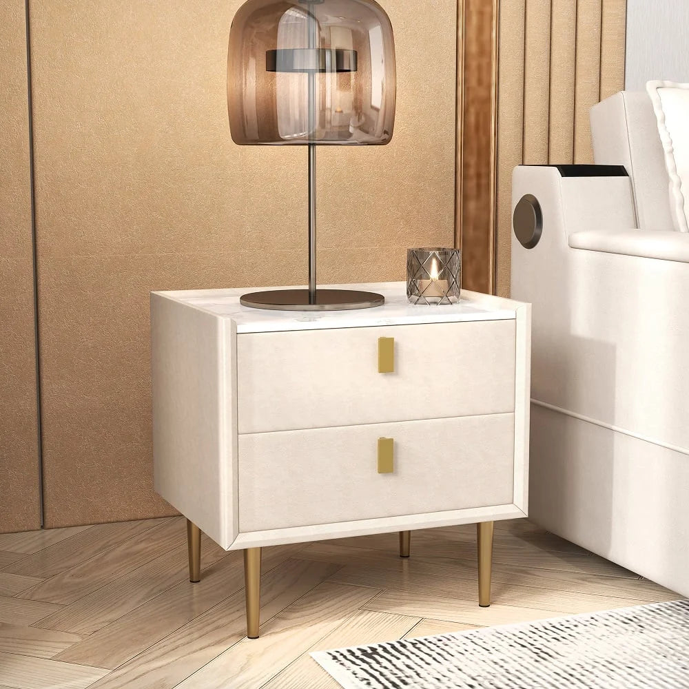Modern 2 Drawers PU Leather Nightstand with Gold Metal Legs Q499300