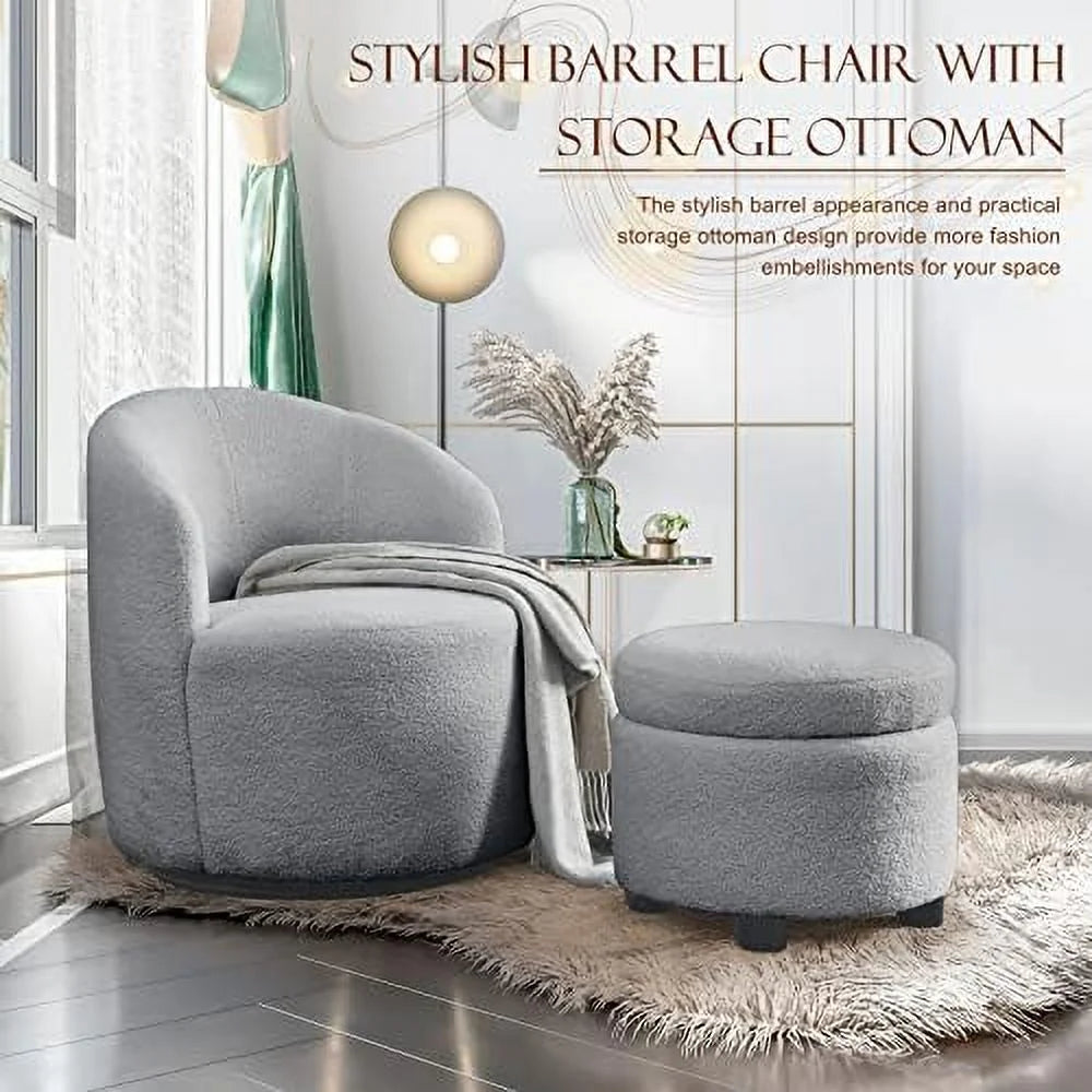 Swivel Barrel Chair with Ottoman Boucle Accent Chair B61224