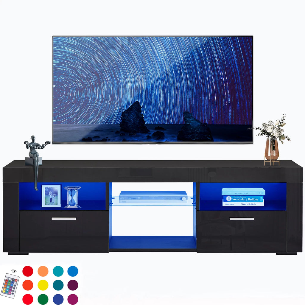 Black High Glossy TV Stand with LED Lights and Storage Shelves J88039