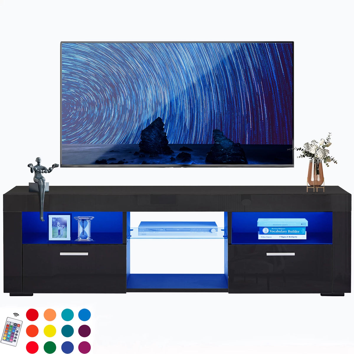 Black High Glossy TV Stand with LED Lights and Storage Shelves J88039