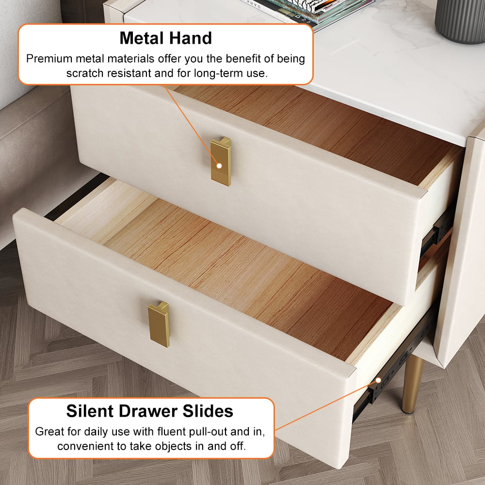 Modern 2 Drawers PU Leather Nightstand with Gold Metal Legs Q499300