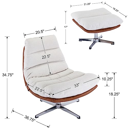 Cream Linen Swivel Accent Chair with Ottoman Q4315