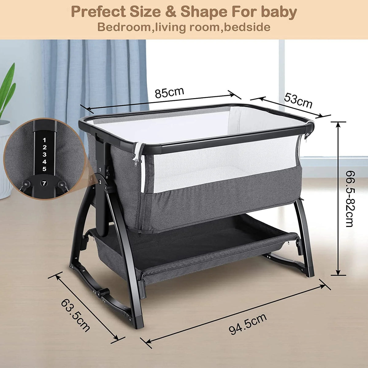 Baby Bassinet Bedside Sleeper Adjustable 7-Level Portable Bed Light Gray G4169