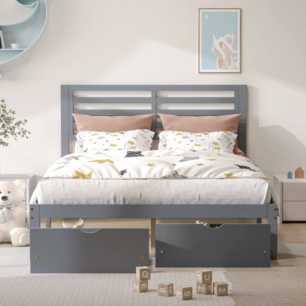 Gray Pine Wood Full Size Platform Bed Frame with Headboard and Drawers G955129