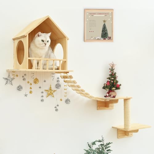 9pc Wooden Cat Wall Shelves with Condo Houses Perches Ladders and Scratching Posts H486