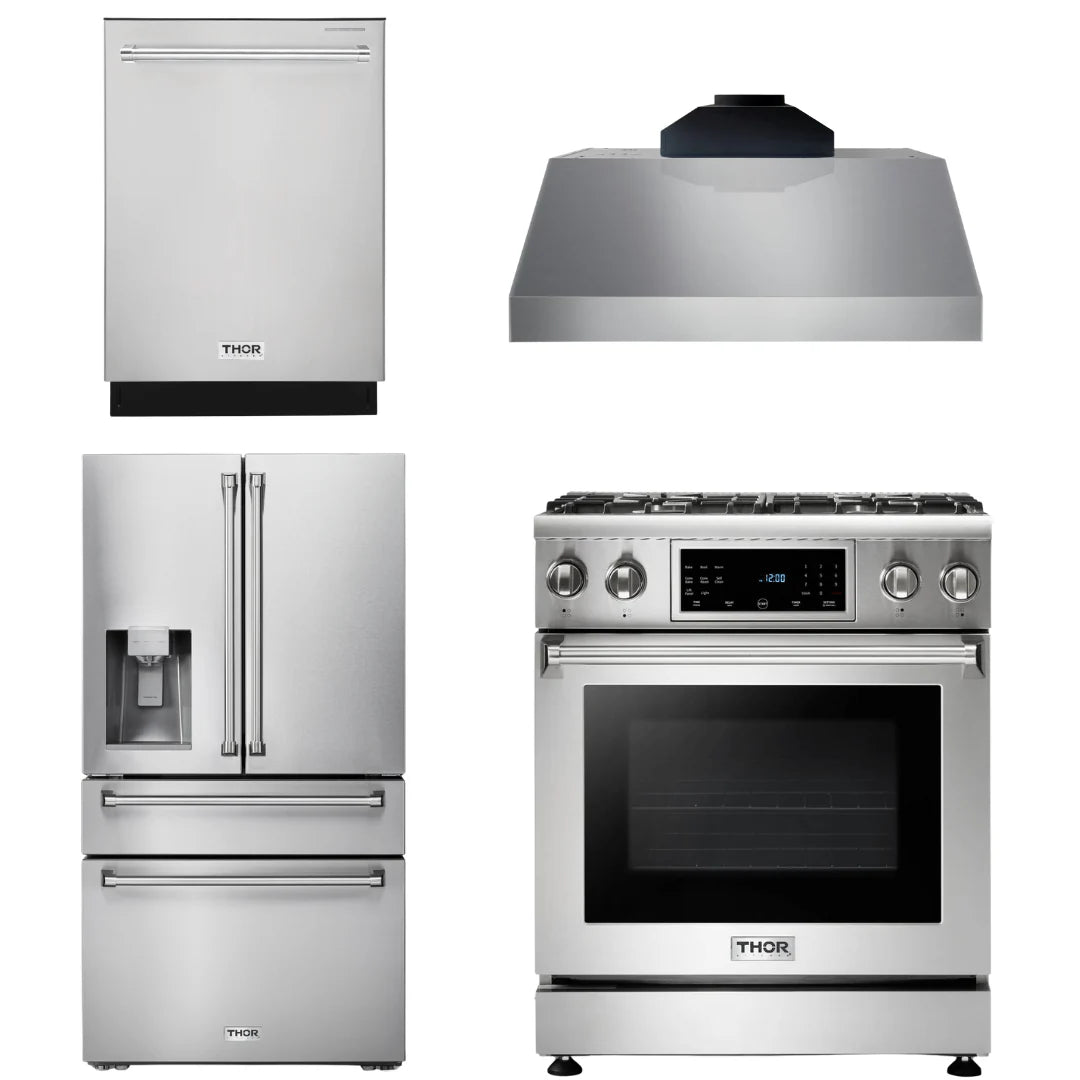 30 Gas Range, Range Hood, Refrigerator with Water and Ice Dispenser, Dishwasher J59010