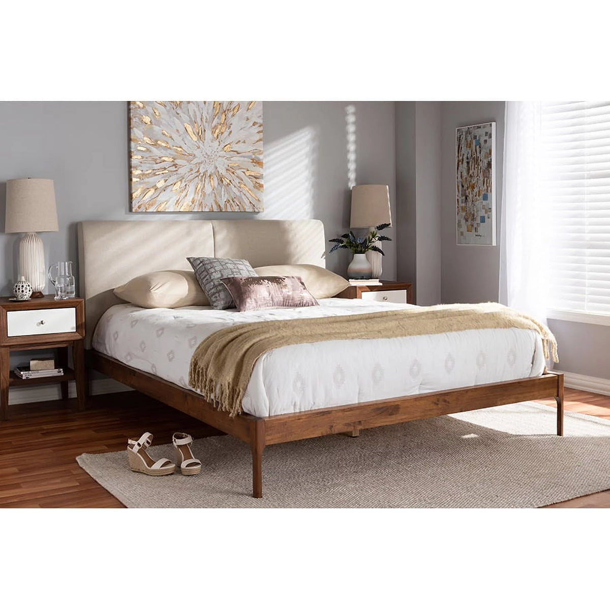 Beige Fabric Upholstered Full Size Platform Bed R90951