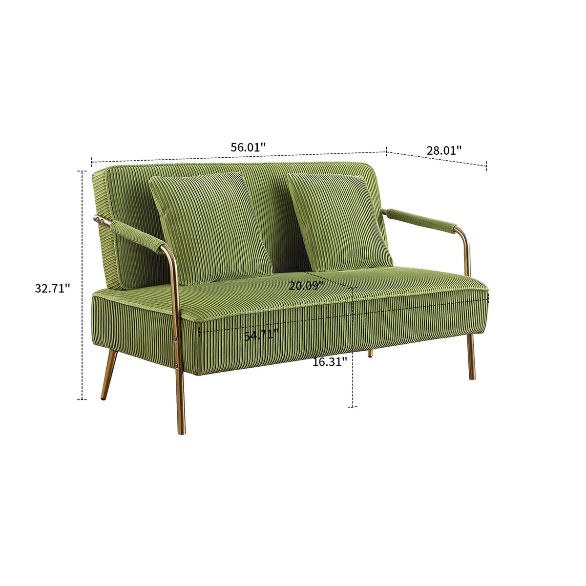 Olive Green Velvet Upholstered Loveseat Sofa with 2 Pillows K7574