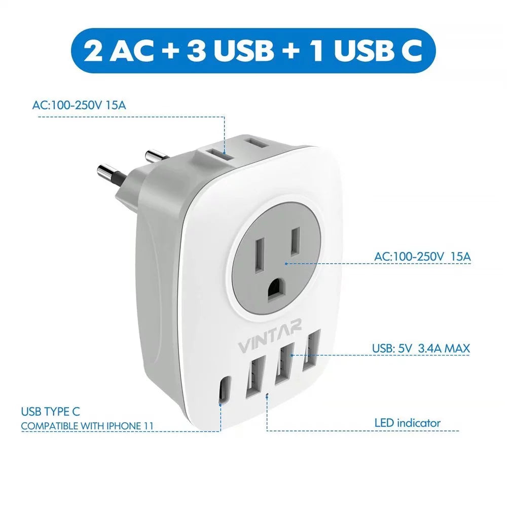 European Travel Plug Adapter with 1 USB C, 2 Outlets and 3 USB Ports, 2 Pack O33573