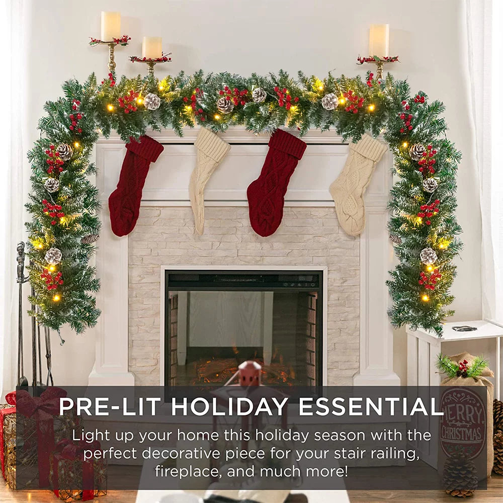 9ft Pre-Lit Christmas Garland with 50 LED Light and Pine Cones and Berries R740727