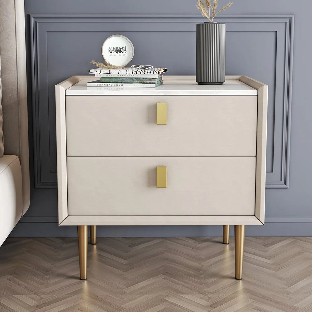 Modern 2 Drawers PU Leather Nightstand with Gold Metal Legs Q499300