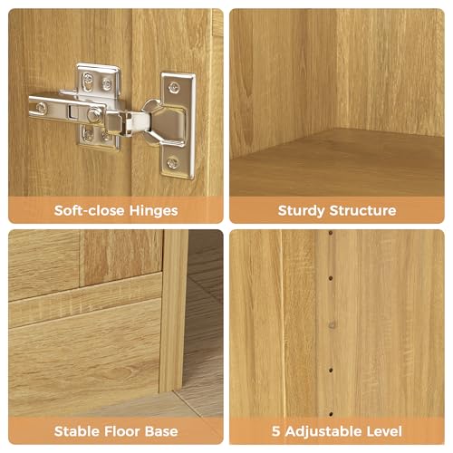 67" Tall Oak Rattan Storage Cabinet with Doors and Adjustable Shelves A70354