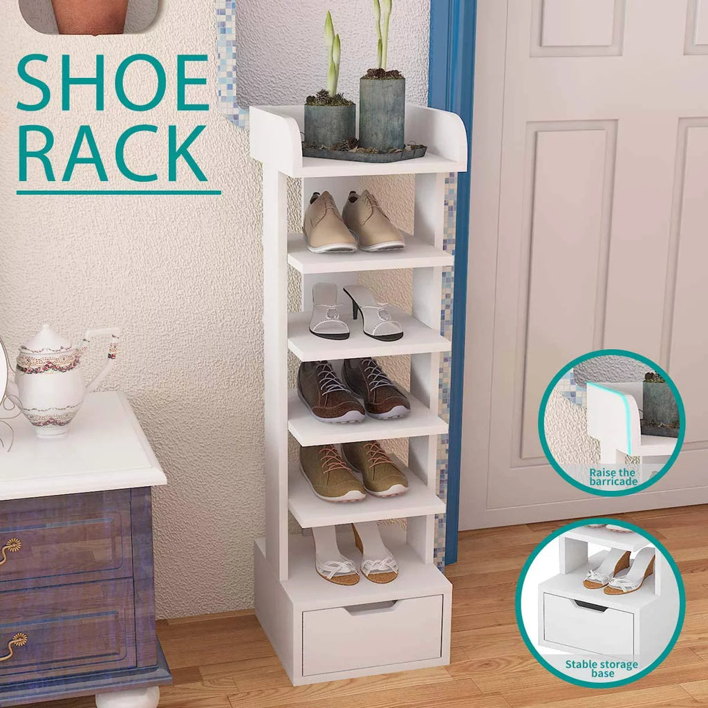 6-Tier White Wooden Shoe Rack with Storage Drawer H400