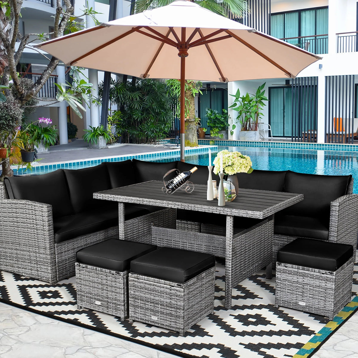 7 Pcs Patio Rattan Dining Set Sectional Sofa Couch Ottoman Black R835553