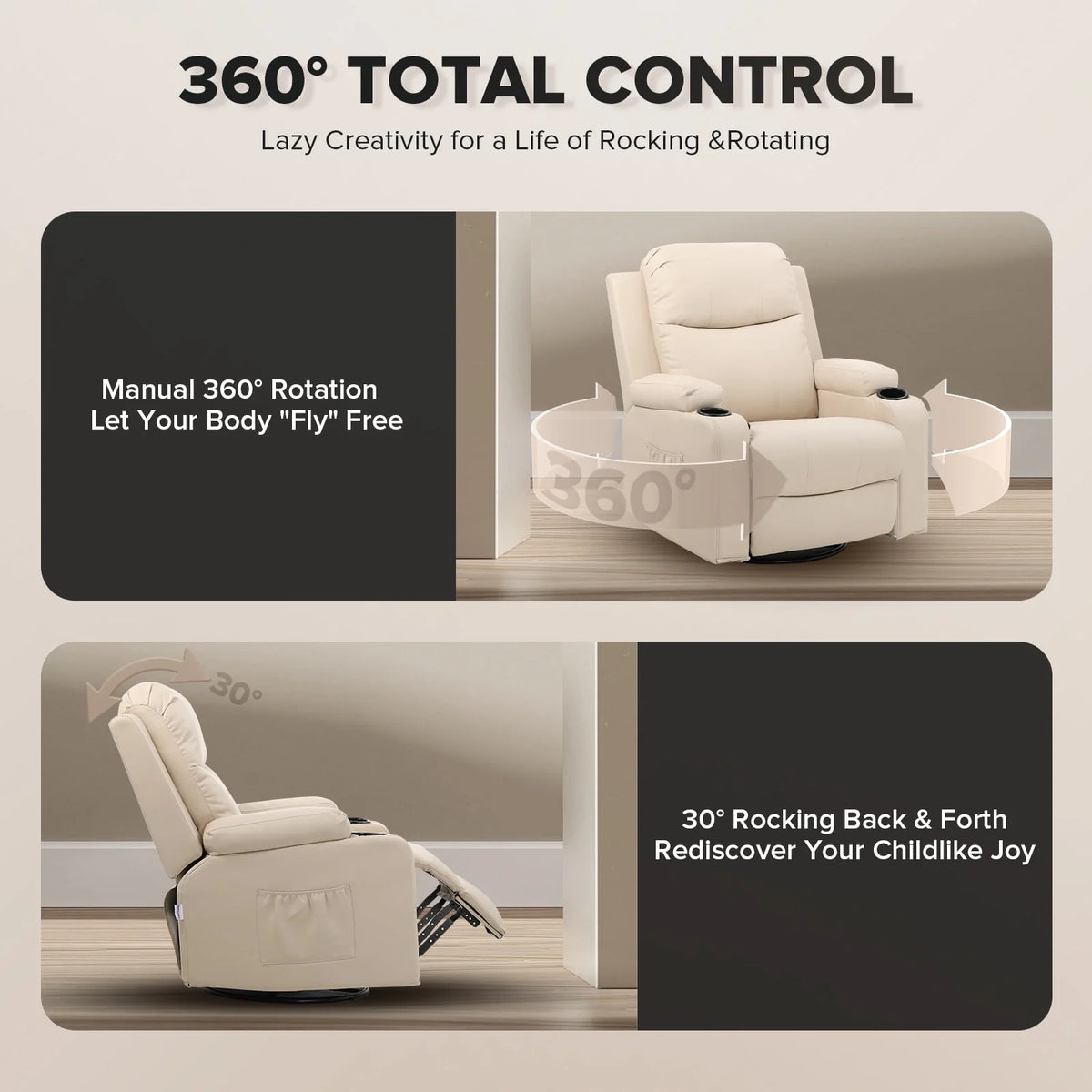 Black PU Leather Swivel Rocker Recliner Chair with Heat and Massage F281076